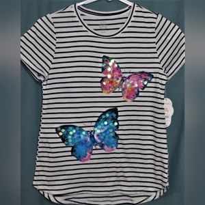 NWT - Wonder Nation Girl's Striped T-Shirt w/Sequin Butterflies, Size L (10-12)